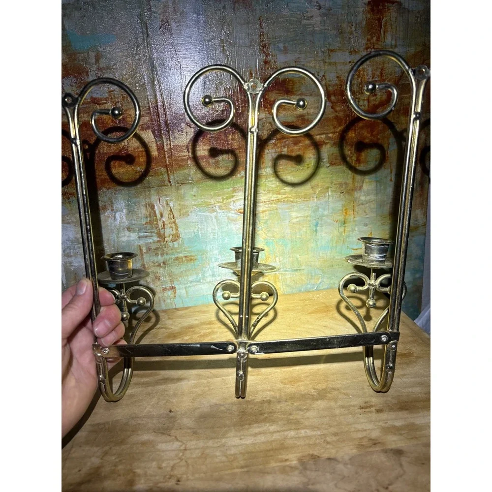 Vintage Brass Triple Wall Sconce Taper Candle Holder Folding Scrollwork Heart